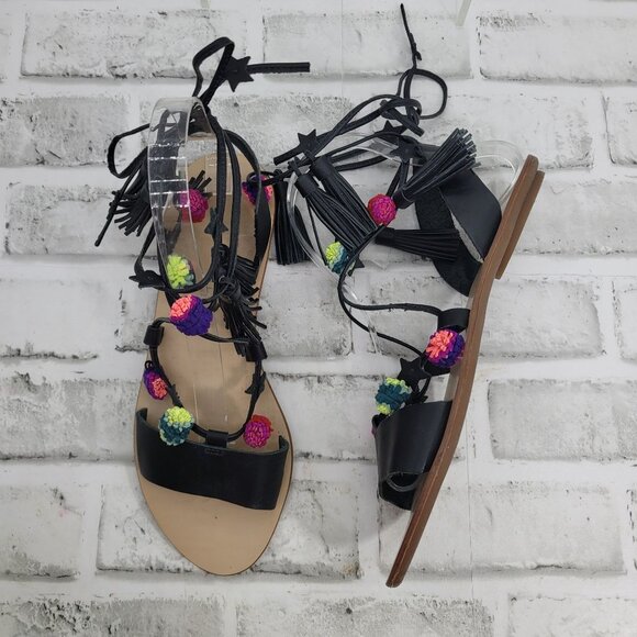 Pristine Loeffler Randall Suze Neon Pom Pom Tassel Wrap Sandals Size 7.5 - Picture 1 of 8